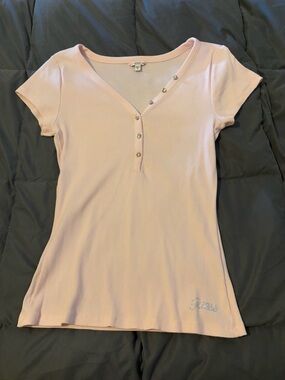 Guess Pink Short Sleeve Ribbed Henley Top with Rhinestone Logo